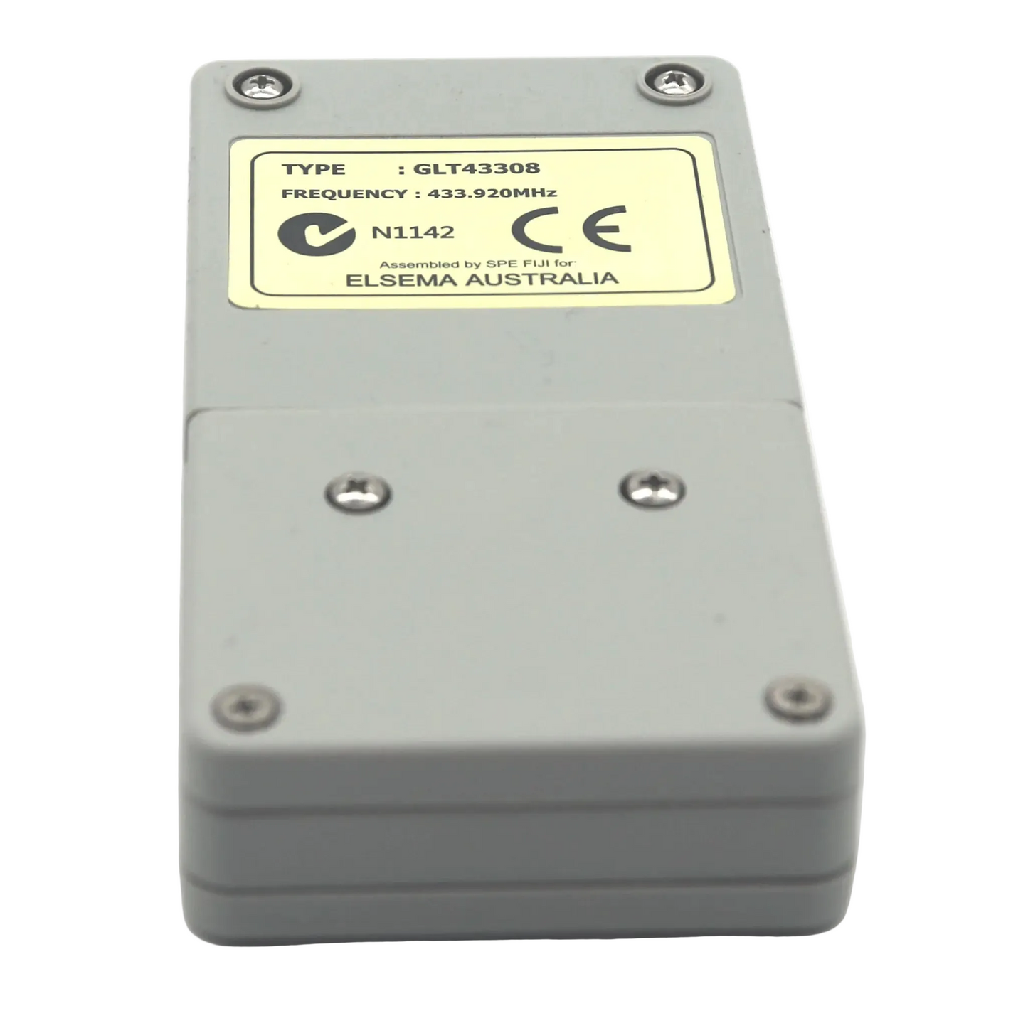 Rear view of the Elsema GLT43308 8-button remote transmitter showing the battery cover panel
