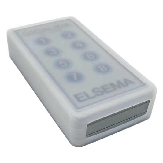 Elsema Gigalink GLT43308 8-button long range remote control transmitter inside clear silicone protective case