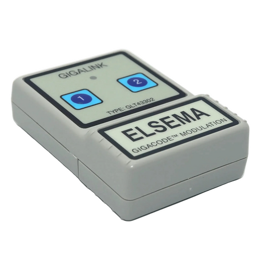 Front view of Elsema GLT43302 2-button remote control showing buttons numbered 1 and 2