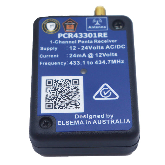 A black electronic receiver device with a blue front label. The label features white text detailing specifications (1-Channel Penta Receiver, PCR43301RE, 12-24Volts AC/DC, 24mA @ 12Volts, 433.