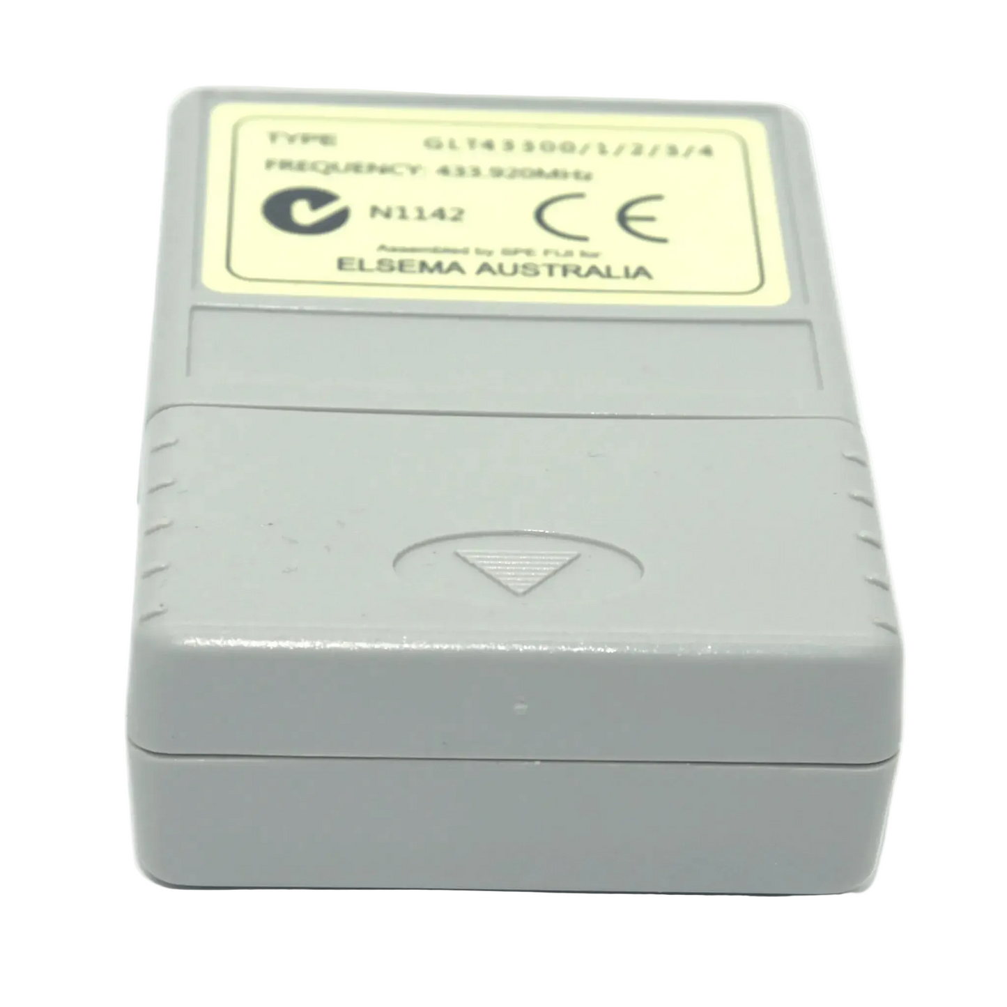 Rear view of the Elsema GLT43302 2-button transmitter showing the battery compartment panel