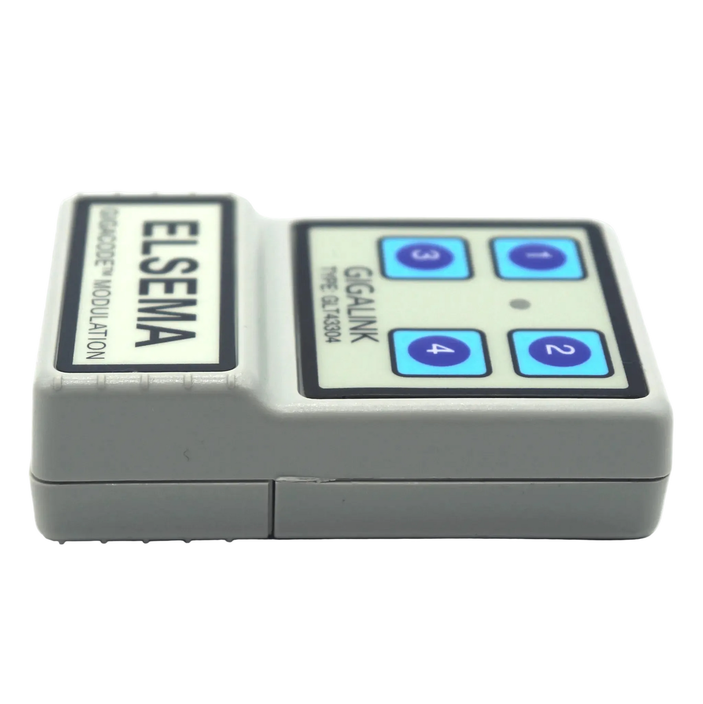 Elsema Gigalink GLT43304 4-button remote control right side view without clear silicone case