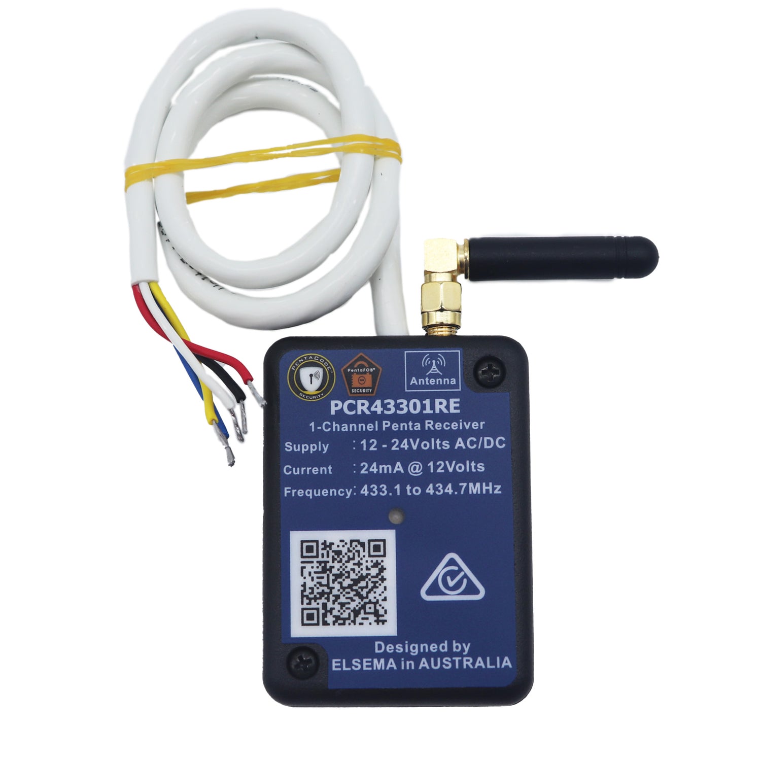 A 1-channel penta receiver device labeled PCR43301RE, featuring a black faceplate with blue text, a gold connector, a black antenna, and a coiled white cable secured with a yellow tie-wrap, shown on a white background.