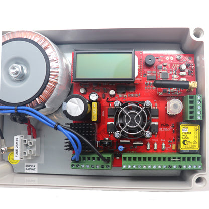 Inside Elsema MCv224E enclosure showing MCv2 control board and 24V transformer